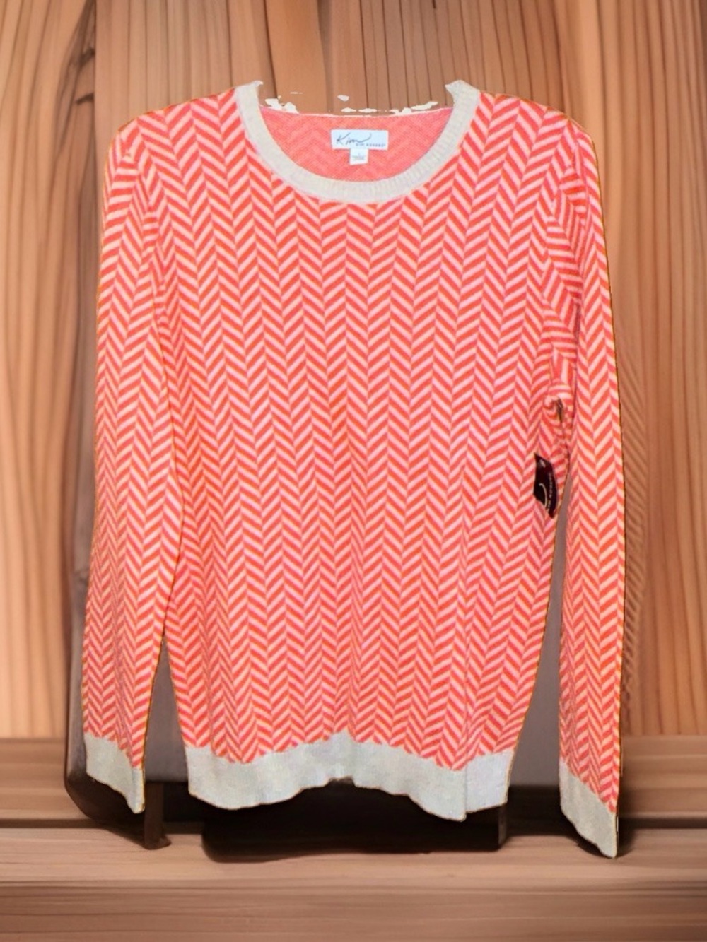 NWT Kim Rogers Coral and Cream Chevron Crewneck Cotton Sweater-L